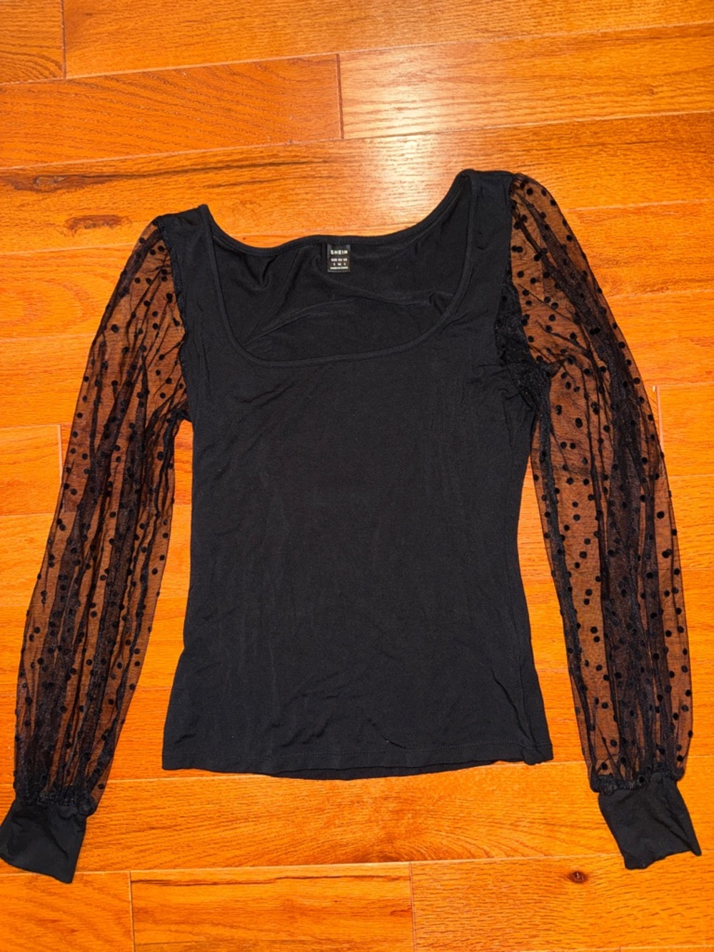 SHEIN Black Scoop Neck Top with Polka Dot Sheer Long Sleeves Small
